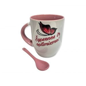 Puodelis su šaukšteliu “Šypsenos ir optimizmo”