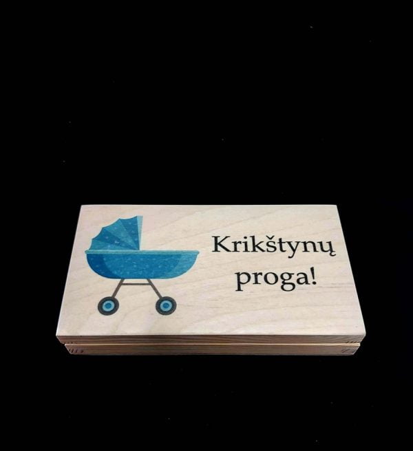 Medinė dėžutė dovanoti pinigams “Krikštynų proga” vežimėlis mėlynas